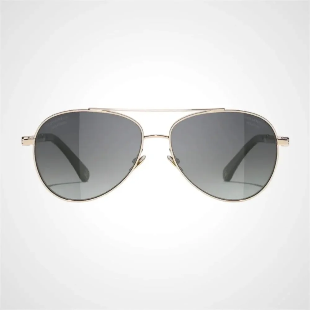 New CHANEL Sunglasses Gold Metal Grey Polarized Aviator Pilot Pearls Authentic - Picture 2 of 5